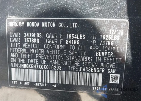 2016 Honda Fit Ex from USA, damaged, VIN JHMGK5H7XGX016293